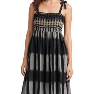 Cotelac Smocked Midi Dress Adjustable Square Neck Printed 100% Cotton Black 6